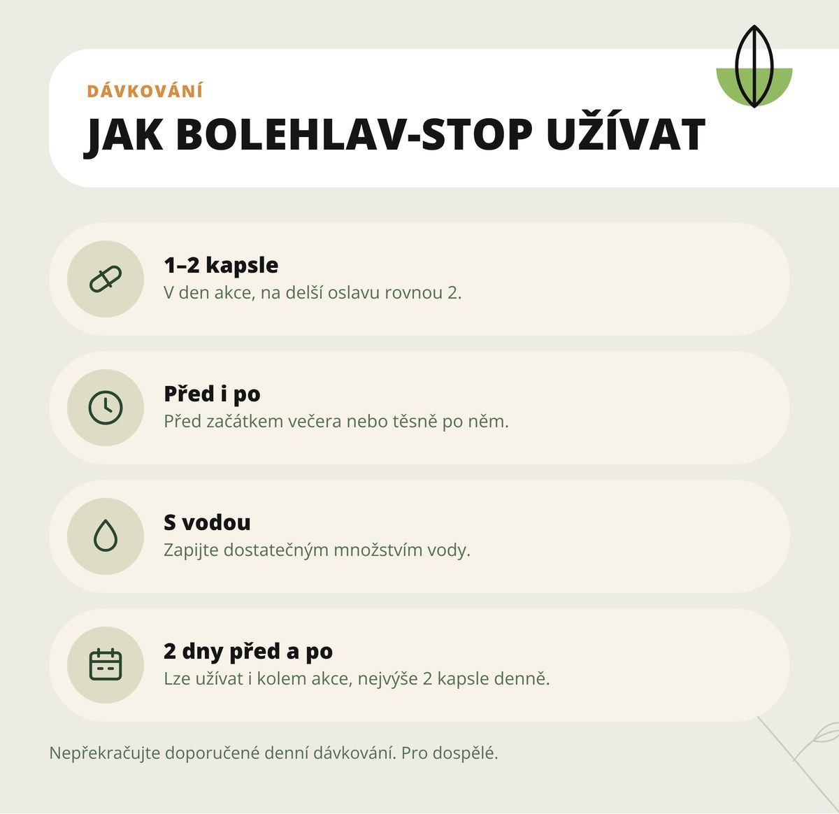 Bolehlav-STOP Dona Natura – dávkování 1–2 kapsle v den akce, zapít vodou