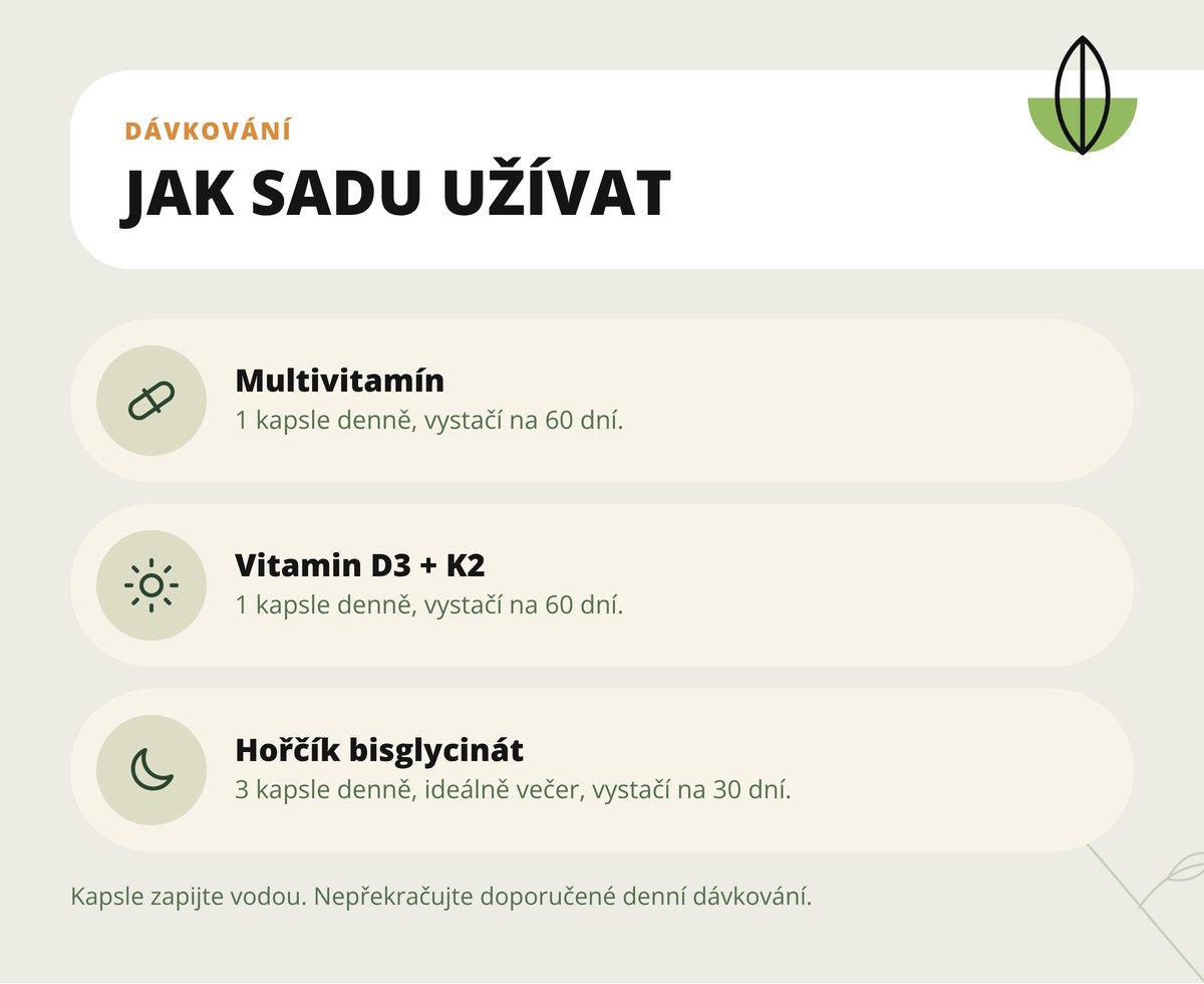 Dárkové balení Komplexní péče Dona Natura – dávkování: multivitamín 1 kapsle, hořčík 3 kapsle, D3 + K2 1 kapsle denně