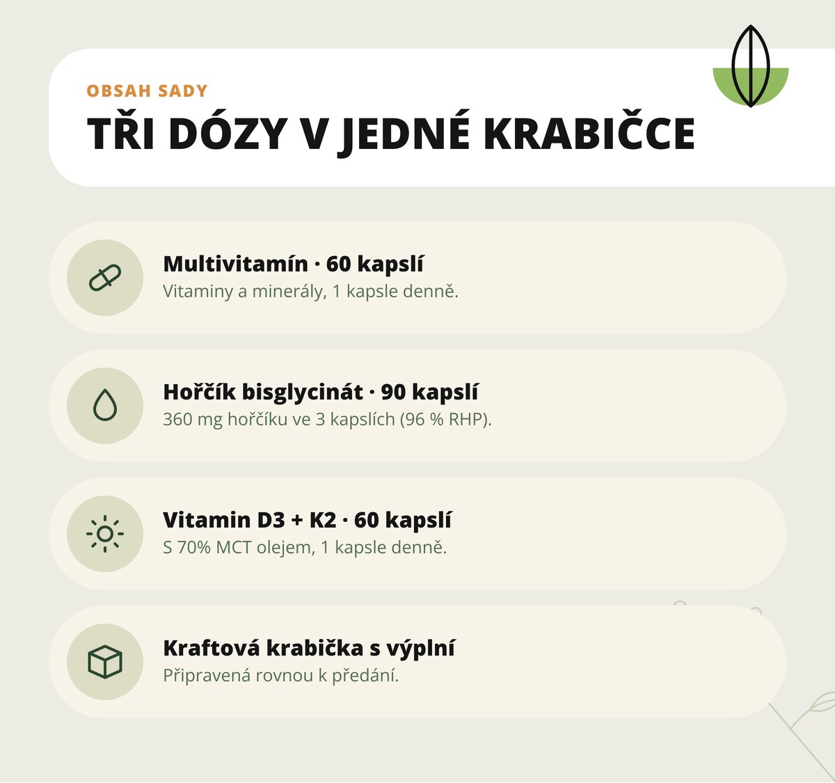 Dárkové balení Komplexní péče Dona Natura – obsah sady: Multivitamín, Hořčík bisglycinát a Vitamin D3 + K2