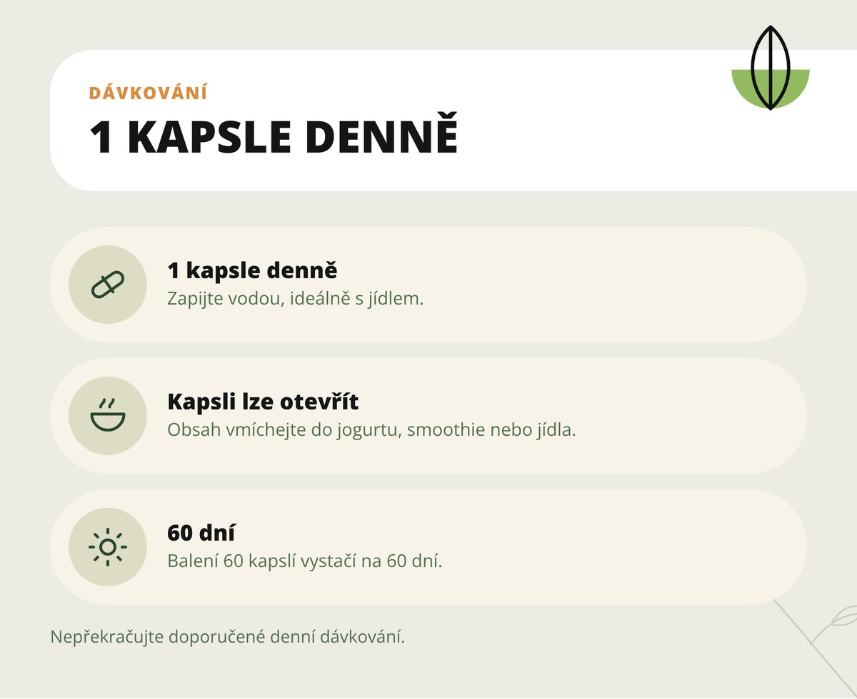 Kernza Dona Natura – dávkování 1 kapsle denně s jídlem, kapsli lze otevřít a obsah vmíchat do jídla nebo nápoje