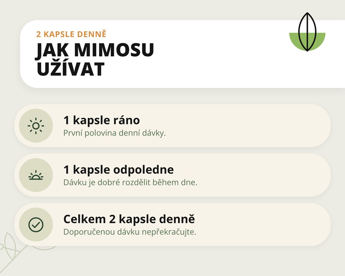 Mimosa pudica extrakt 10:1 v kapslích Dona Natura – dávkování 2 kapsle denně, 1 ráno a 1 odpoledne