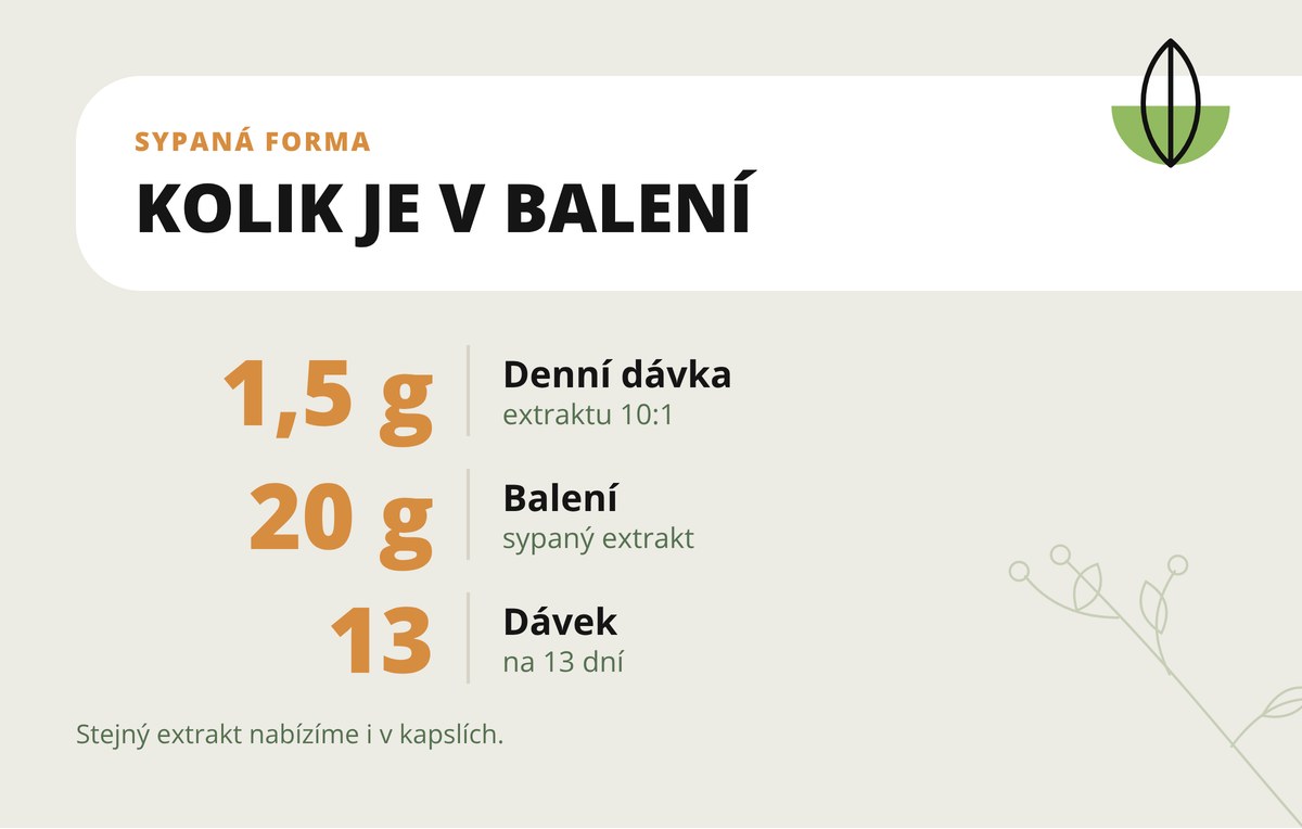 Olivový list extrakt 10:1 v prášku Dona Natura – 1,5 g extraktu v denní dávce, balení 20 g na 13 dní