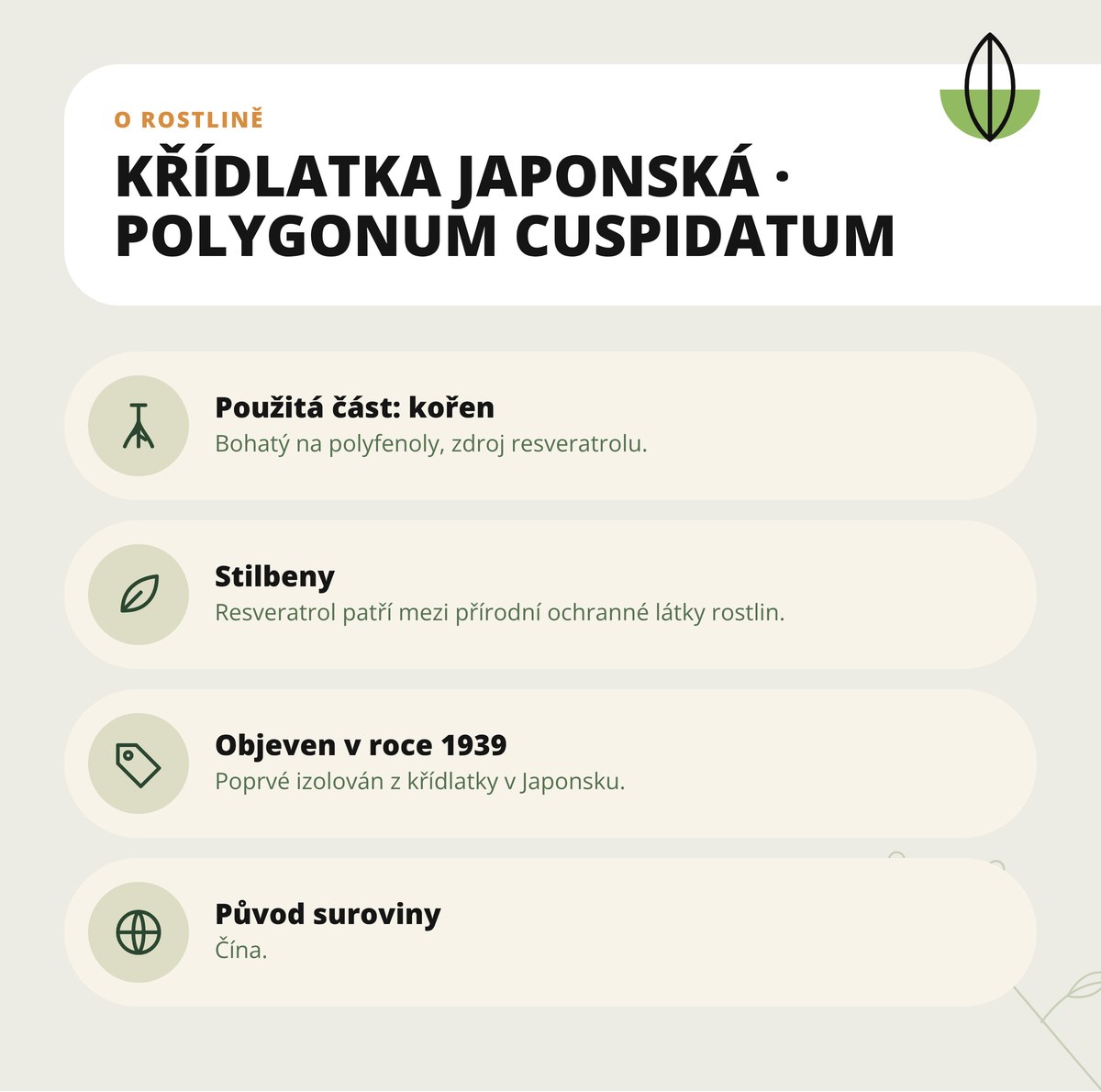 Resveratrol Dona Natura – křídlatka japonská Polygonum cuspidatum: použitá část kořen, stilbeny, původ
